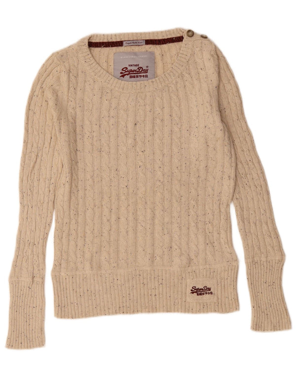 Superdry Womens Boat Neck Jumper Sweater UK 12 Medium Beige Flecked Cotton