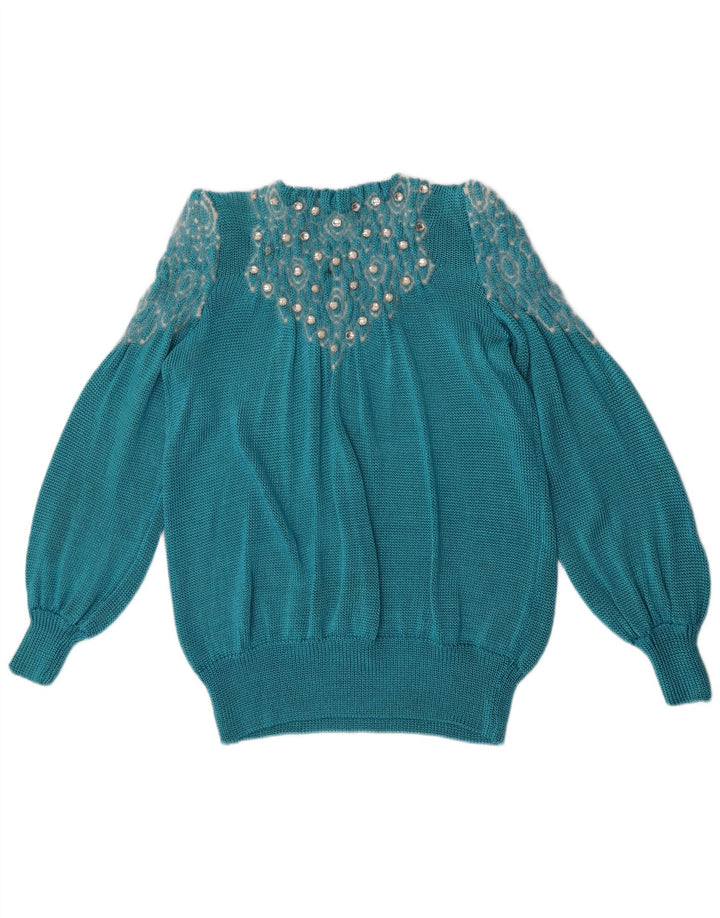 Vintage Womens Abstract Pattern Crew Neck Jumper Sweater UK 14 Large Blue