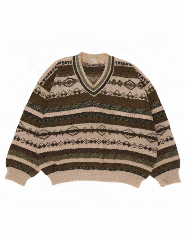 Vintage hombres V-cuello jumper suéter IT 52 grande caqui Fair Isle acrílico