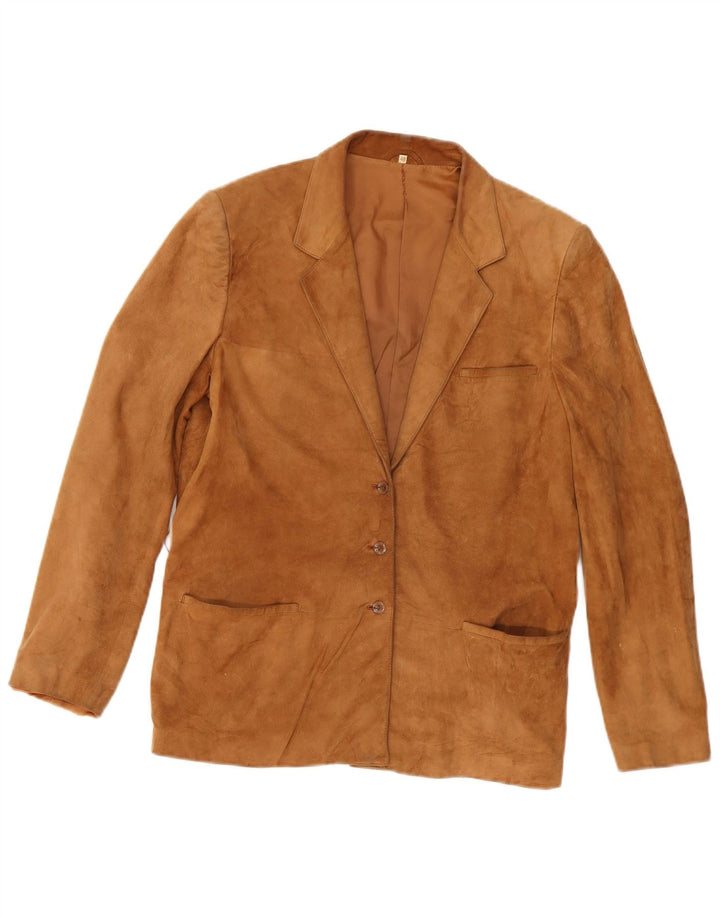 Giacca blazer vintage da donna in pelle scamosciata a 3 bottoni IT 48 XL in pelle beige