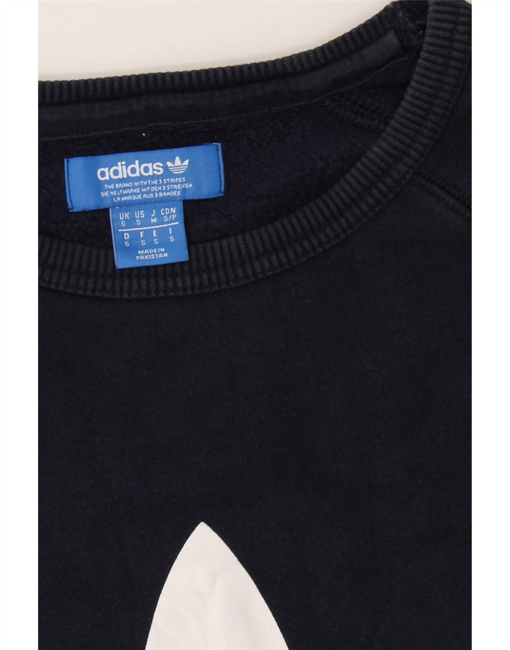 ADIDAS Mens Graphic Sweatshirt Jumper Small Navy Blue Cotton Vintage Adidas and Second-Hand Adidas from Messina Hembry 