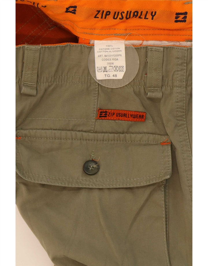 Zip Mens Straight Cargo Trousers IT 48 Medium W32 L34 Khaki Cotton