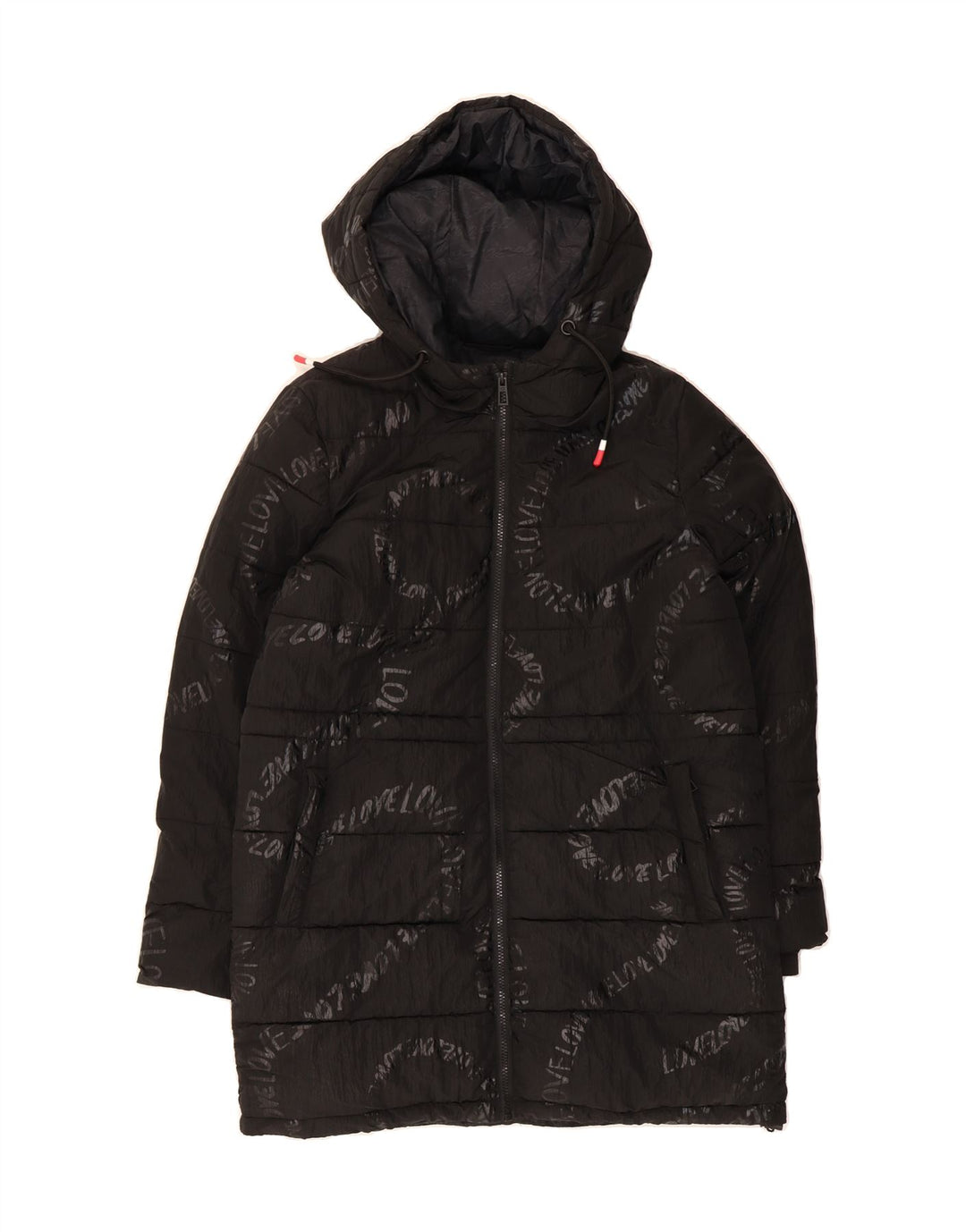 DESIGUAL Womens Graphic Hooded Padded Coat UK 14 Medium Black Polyamide Vintage Desigual and Second-Hand Desigual from Messina Hembry 