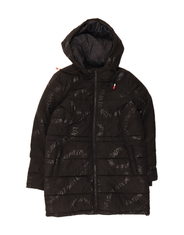 DESIGUAL Womens Graphic Hooded Padded Coat UK 14 Medium Black Polyamide Vintage Desigual and Second-Hand Desigual from Messina Hembry 