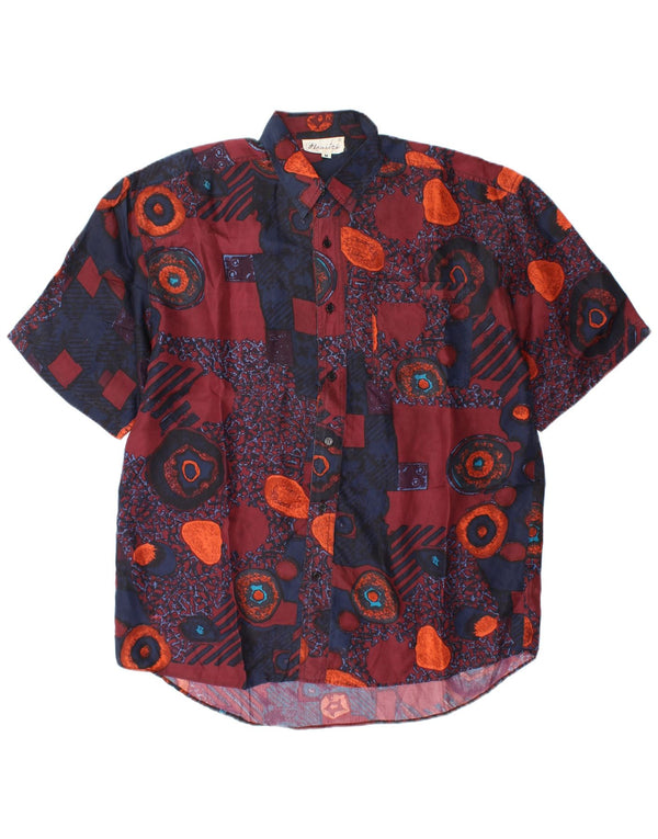 Vintage Mens Short Sleeve Shirt Medium Multicoloured Geometric Silk
