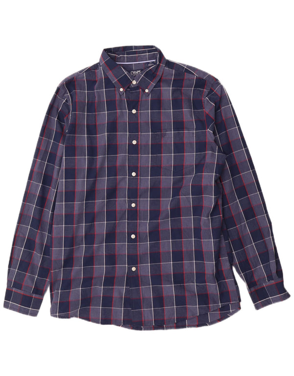 Chaps Mens Easy Care Shirt Large Navy Blue Check Cotton