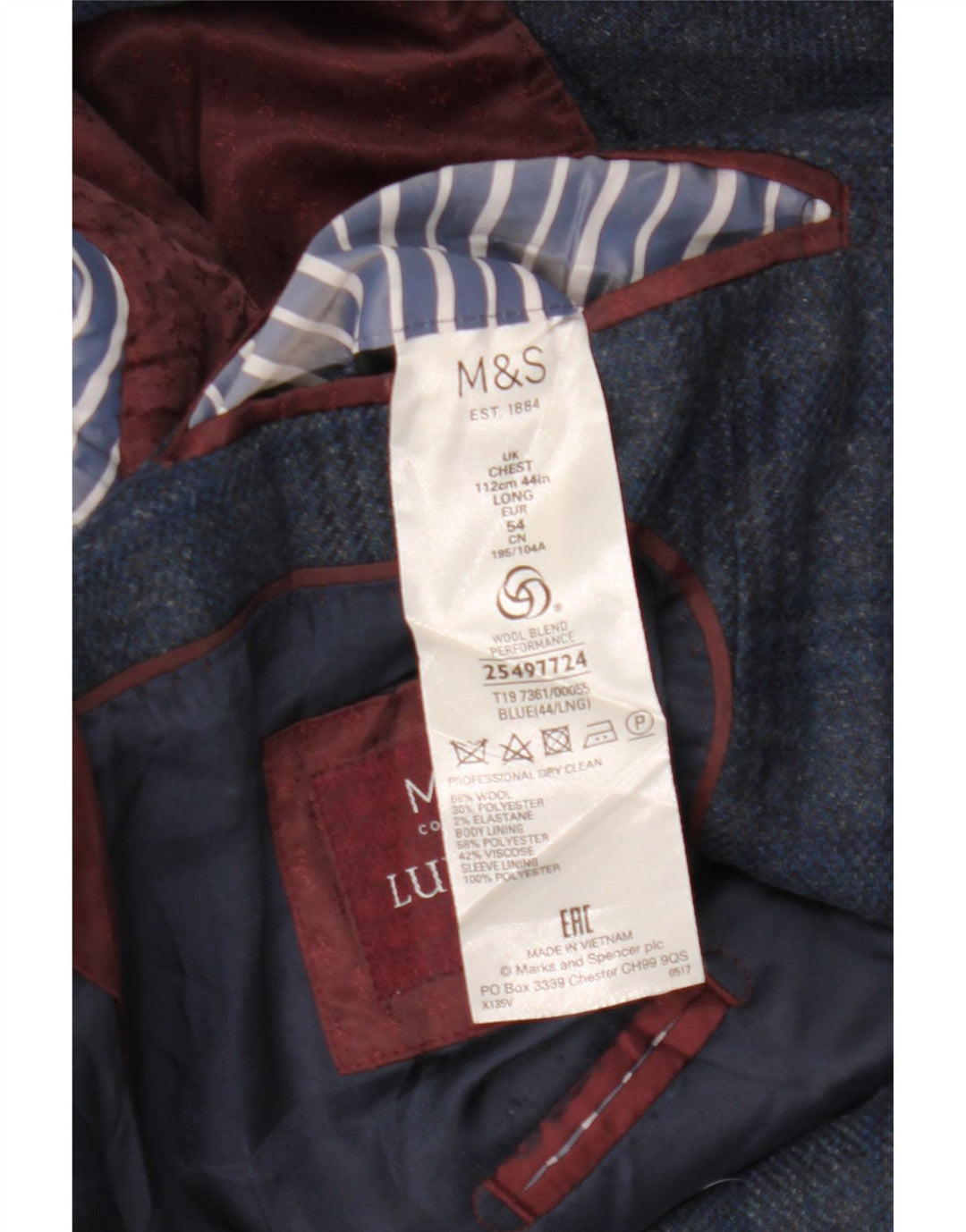 Marks & Spencer Herre 2-knaps blazerjakke UK 44 2XL blå ternet uld
