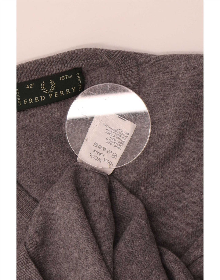 Fred Perry Mens V-Neck Jumper Sweater Medium Grey Wool