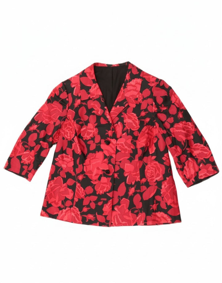 Vintage dame 3/4 ærmer 2 knap blazer jakke UK 14 Medium rød blomster