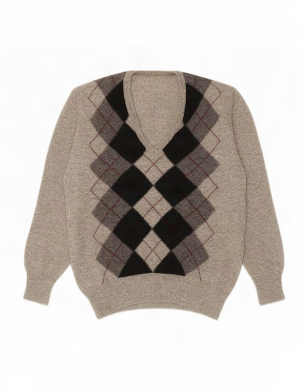 Vintage Mens V-Neck Jumper Sweater Small Grey Argyle/Diamond