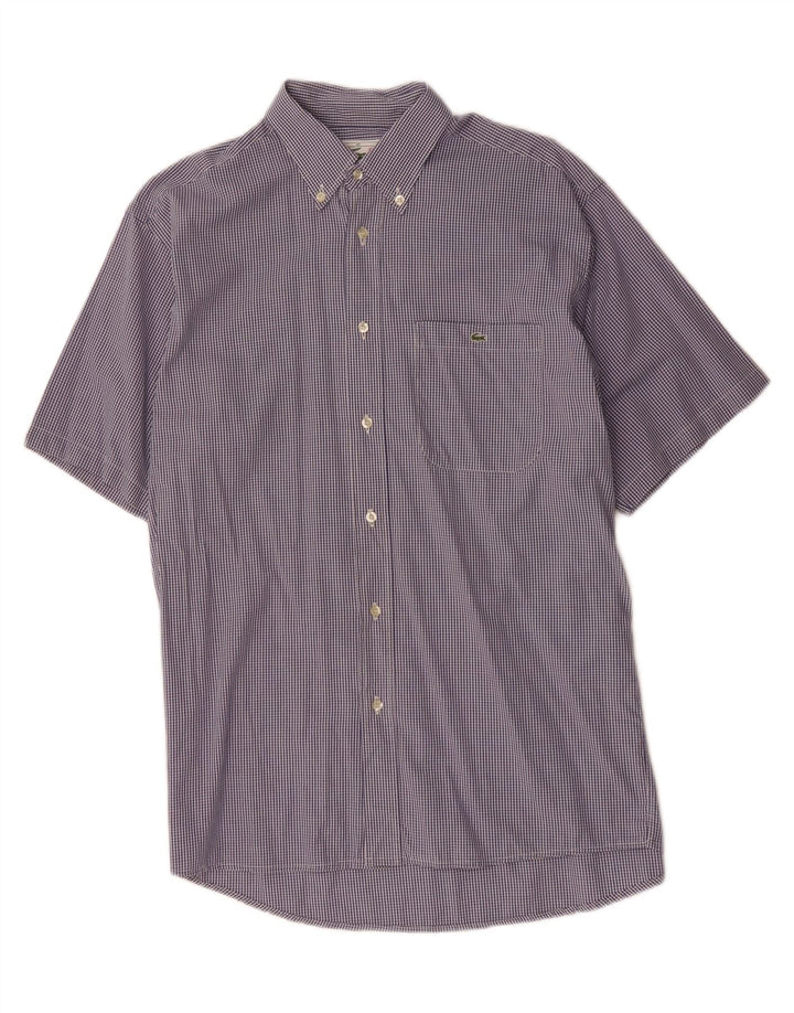 LACOSTE Mens Short Sleeve Shirt Size 40 Medium Navy Blue Check Cotton
