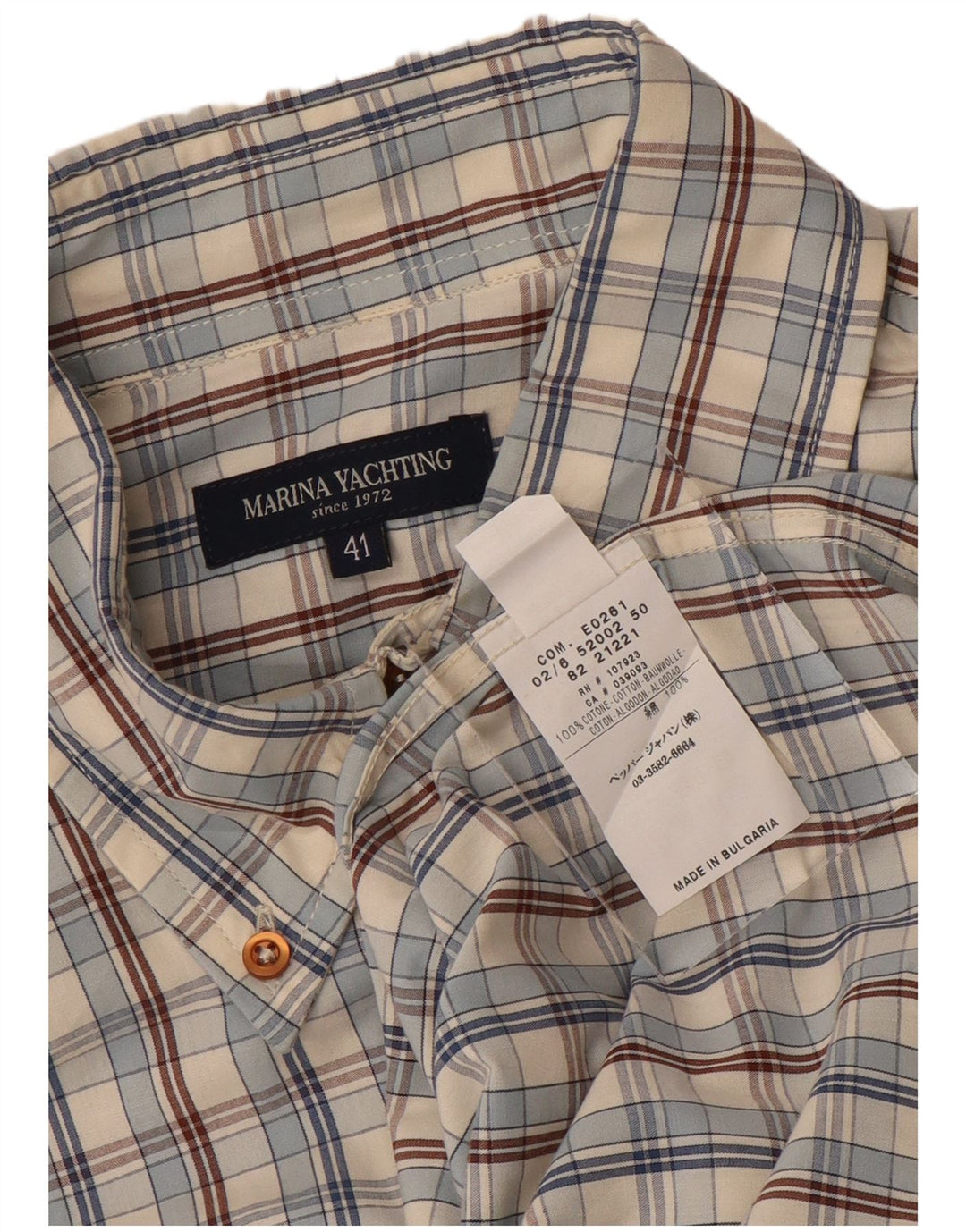 Marina Yachting Mens Shirt Size 41 Medium Beige Check Cotton