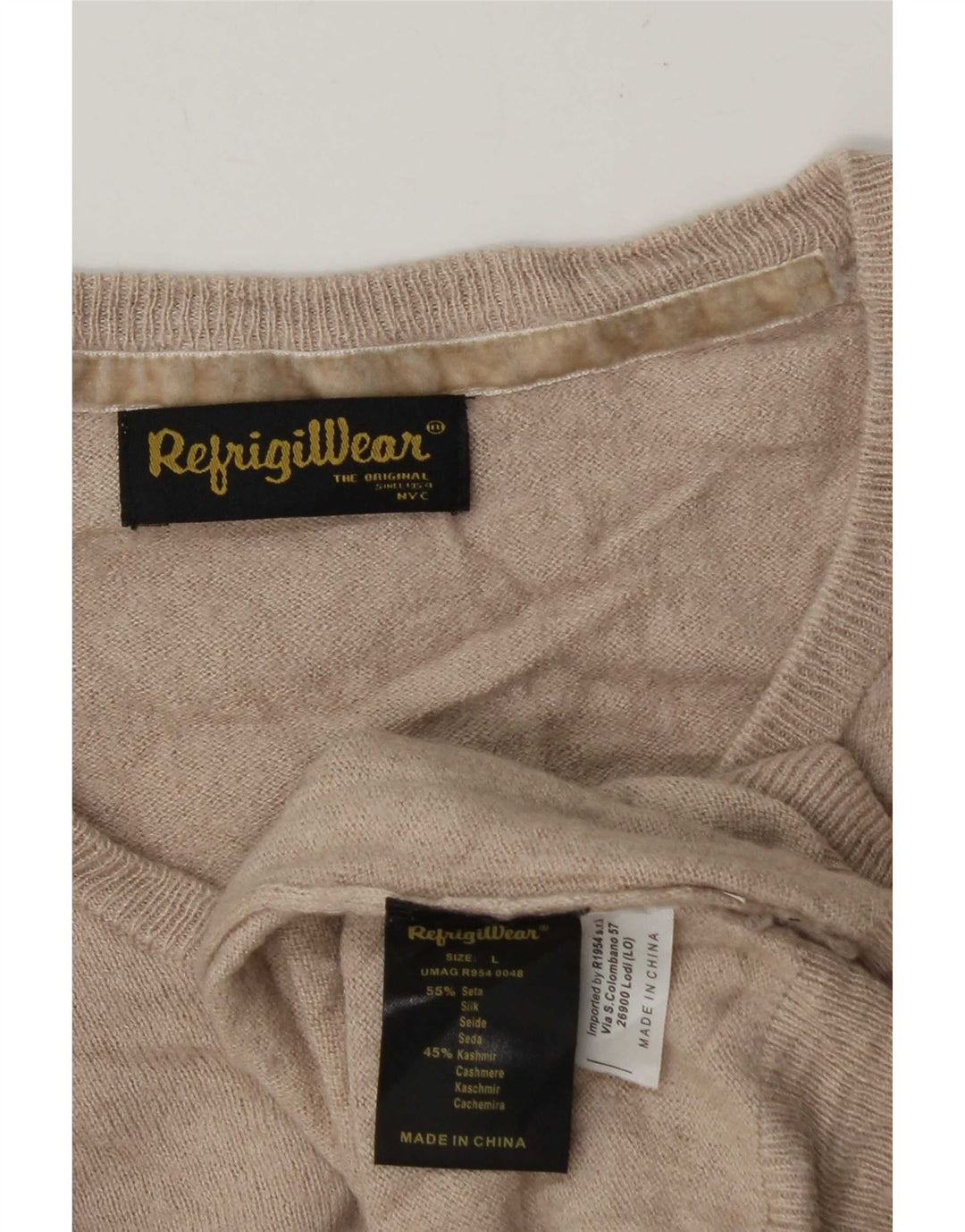 Refrigiwear Mens V-Neck Jumper Sweater Large Beige Silk