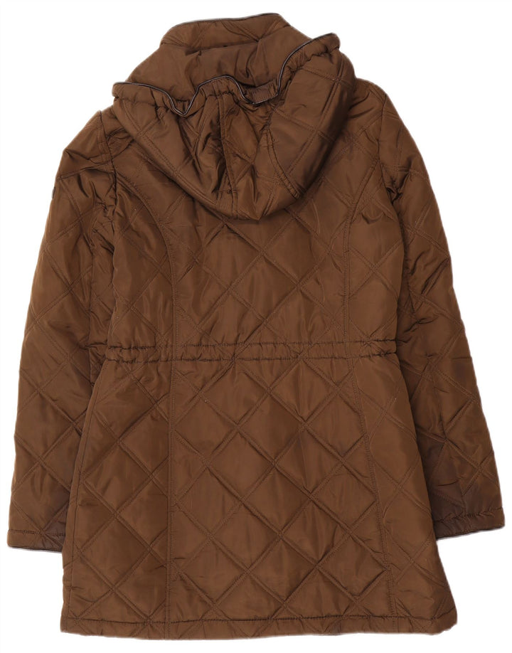 Jaqueta acolchoada com capuz feminino Dkny UK 10 poliéster marrom pequeno