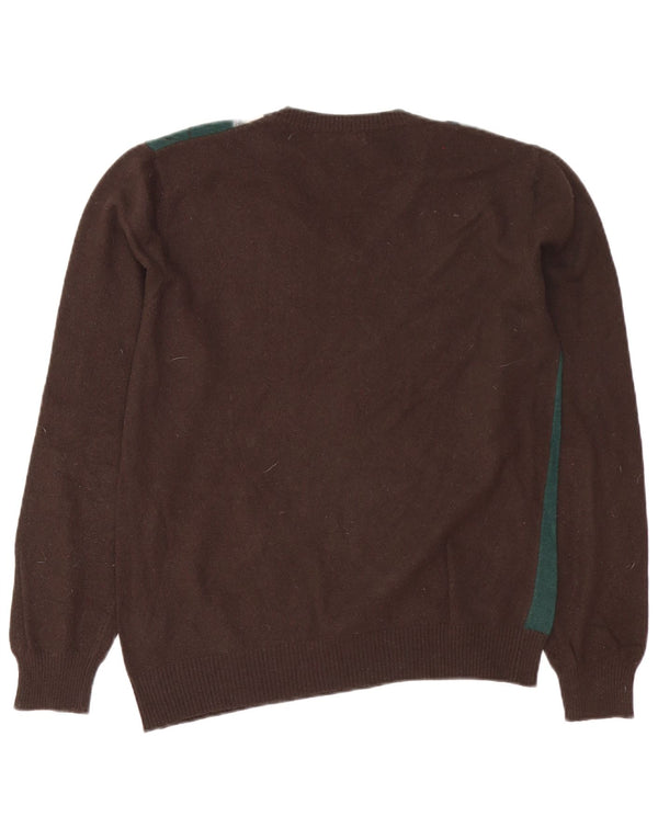 Benetton Mens V-Neck Jumper Sweater Medium Brown Argyle/Diamond Wool