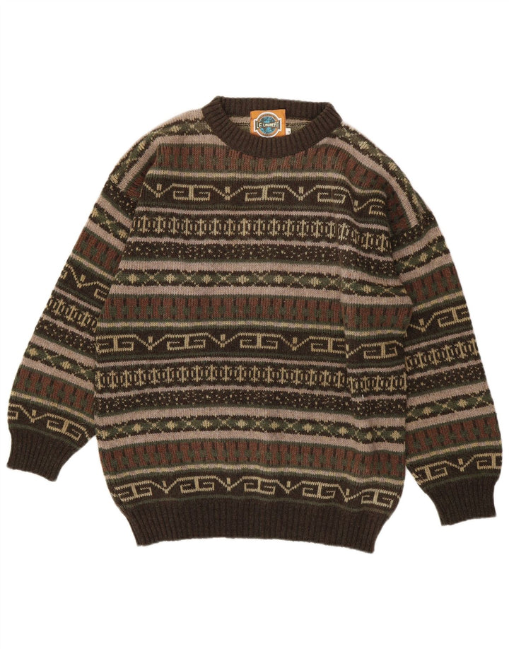 Le Laureat Mens Crew Neck Jumper Sweater Medium Khaki Geometric Wool