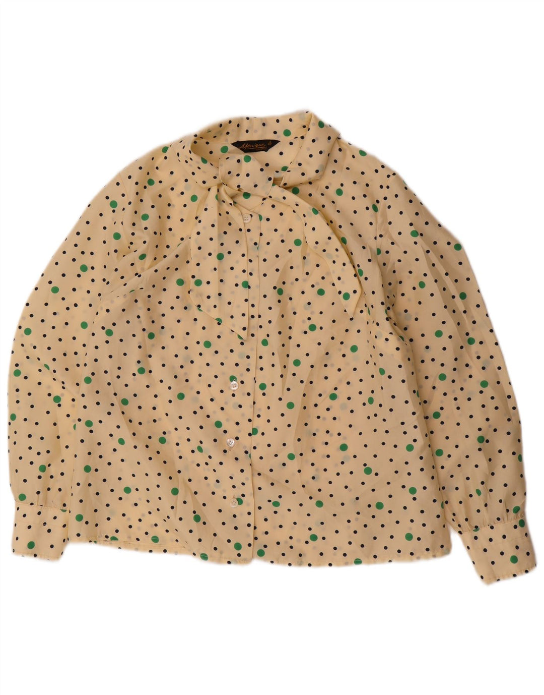 VINTAGE Womens Oversized Front Tie Shirt Blouse US 4 Small Beige Polka Dot
