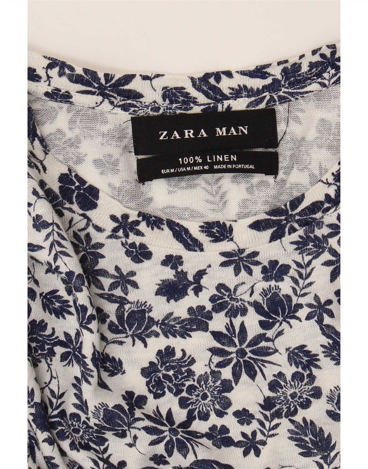 Zara Mens T-Shirt Top Medium White Floral Linen