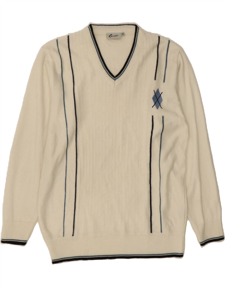 VINTAGE Mens V-Neck Jumper Sweater Medium White Striped Acrylic Vintage Vintage and Second-Hand Vintage from Messina Hembry 