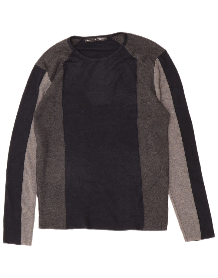 Zara Mens Top Long Sleeve Medium Navy Blue Colourblock Acrylic