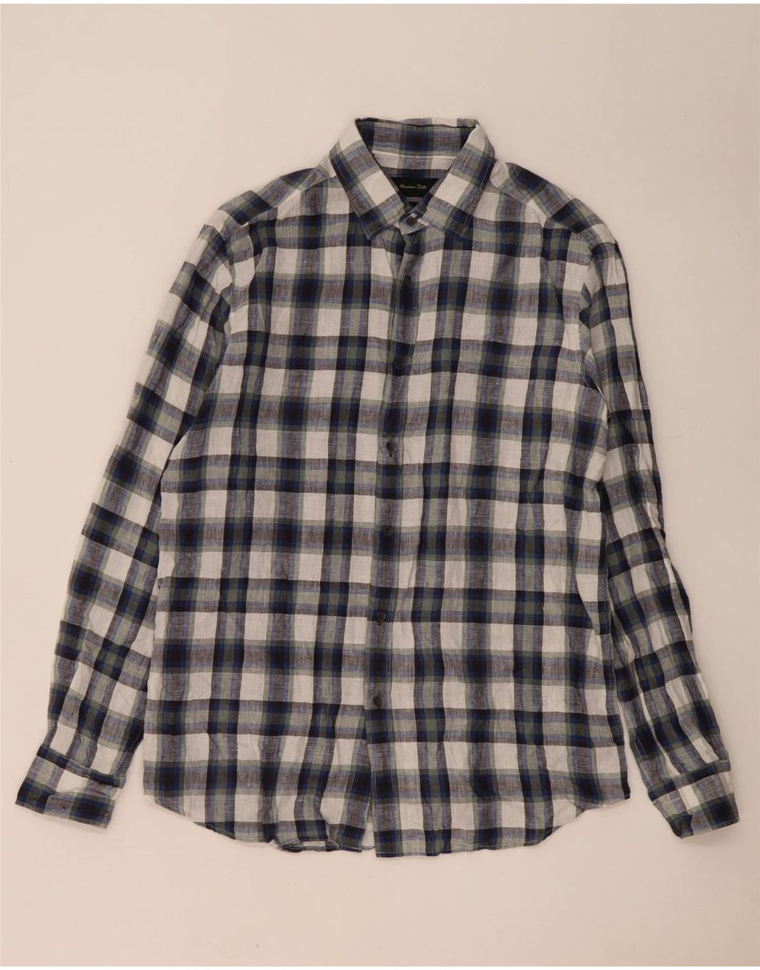 Massimo Dutti Mens Shirt Large Navy Blue Check Linen