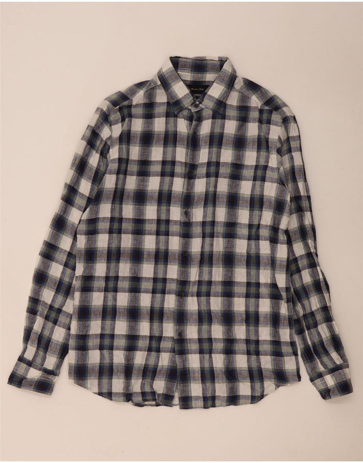 Massimo Dutti Mens Shirt Large Navy Blue Check Linen