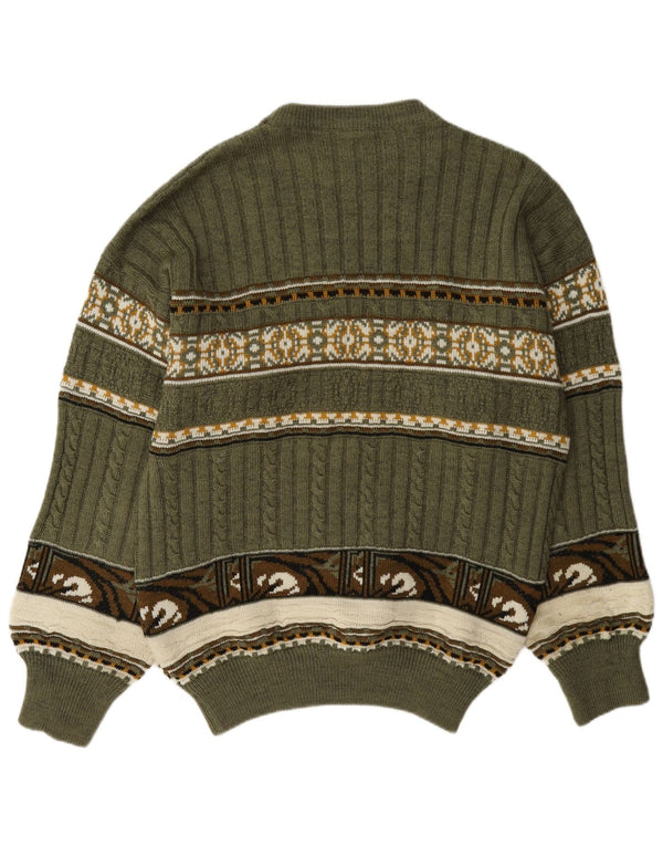 vintage Mens Crew Neck Jumper Pull Moyen Vert Fair Isle