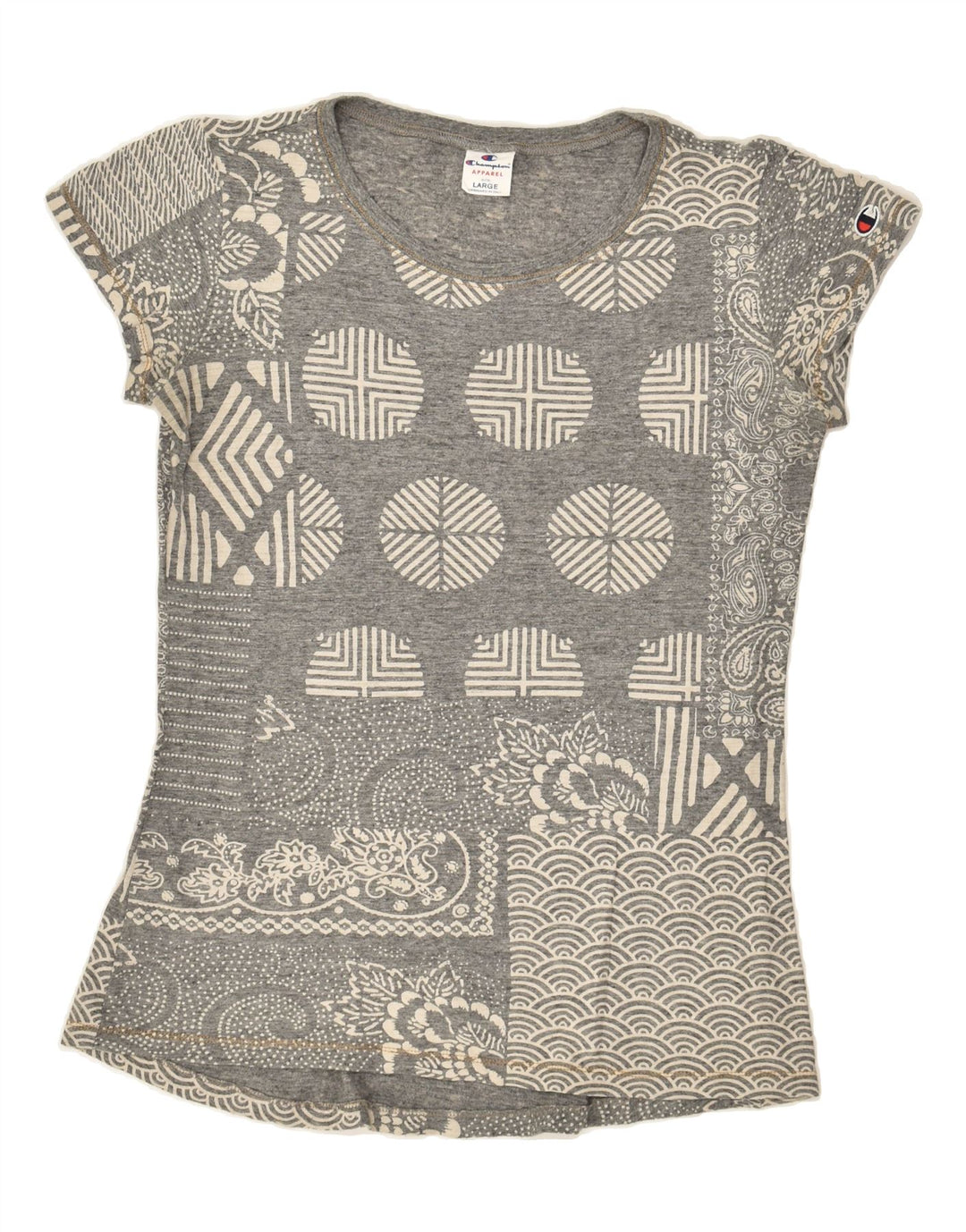 CHAMPION Womens T-Shirt Top UK 14 Large Grey Patchwork | Vintage Champion | Thrift | Second-Hand Champion | Used Clothing | Messina Hembry 