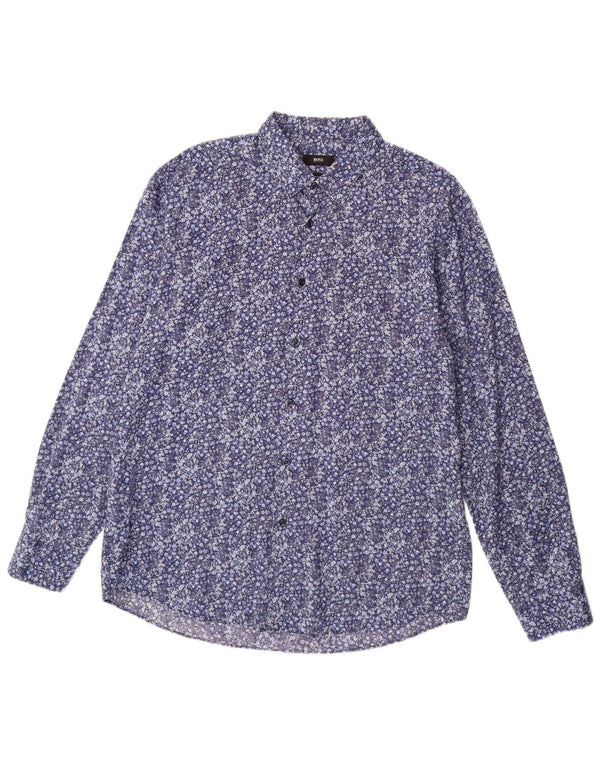 Hugo Boss Mens Regular Fit Shirt Size 43 17 XL Blue Floral Cotton