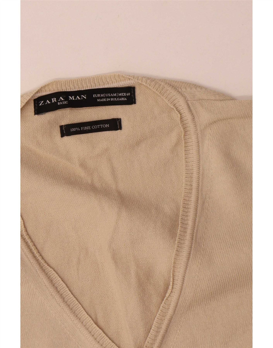 Zara Mens V-Neck Jumper Sweater Medium Beige Cotton