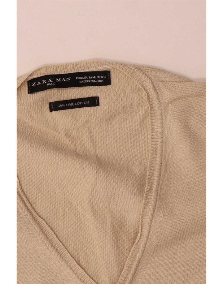 Zara Mens V-Neck Jumper Sweater Medium Beige Cotton