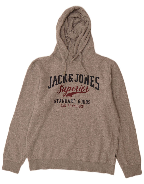 Jack & Jones Mens Graphic Hoodie Jumper Medium Grey Flecked Cotton