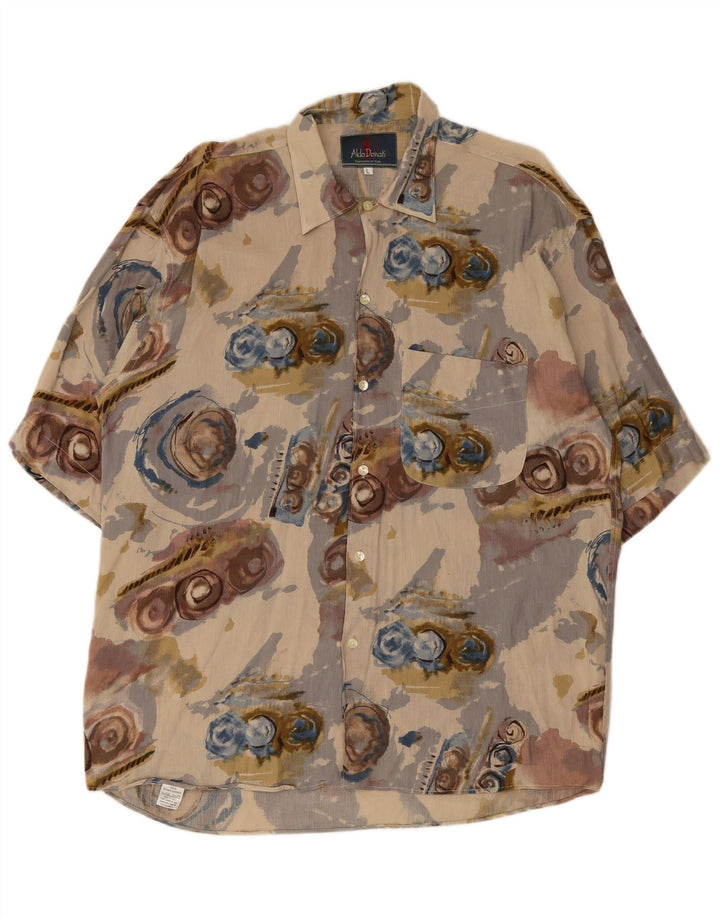 Vintage Mens Abstract Pattern Short Sleeve Shirt Large Beige Linen