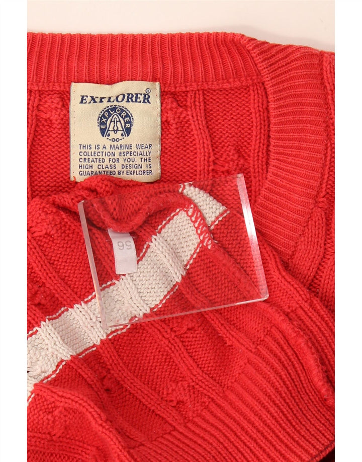 EXPLORER Mens V-Neck Jumper Sweater IT 56 2XL Red Striped