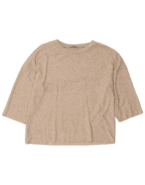 Zara Womens Trafaluc Pullover Top 3/4 Sleeve UK 10 Small Beige Flecked