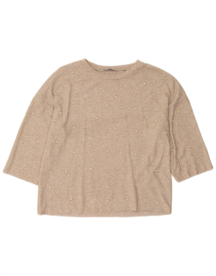Zara Womens Trafaluc Pullover Top 3/4 Sleeve UK 10 Small Beige Flecked