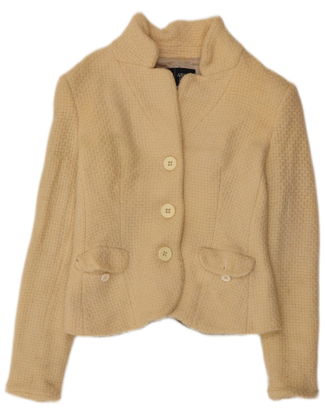 ARMANI JEANS Dame Crop 3-knaps blazerjakke UK 12 Medium Beige Uld