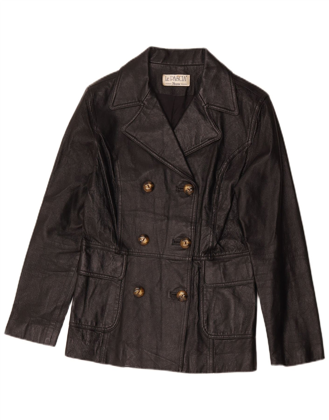 Vintage Damen Zweireihige Lederjacke UK 8 Small Black Classic