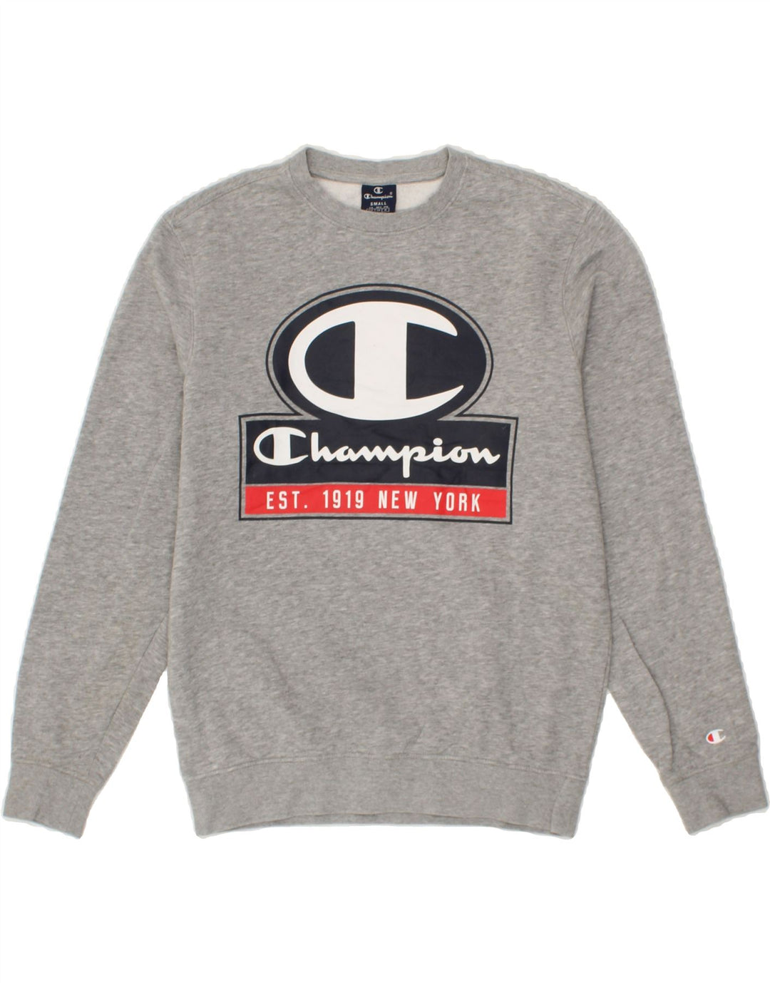 CHAMPION Mens Graphic Sweatshirt Jumper Small Grey Cotton Vintage Champion and Second-Hand Champion from Messina Hembry 