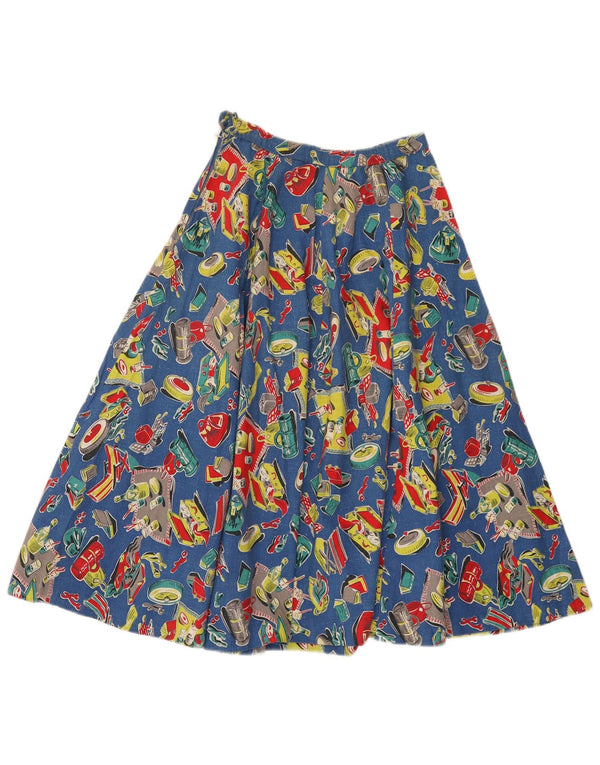 Vintage Womens Abstract Pattern Pleated Flared Skirt W24 XS Blue