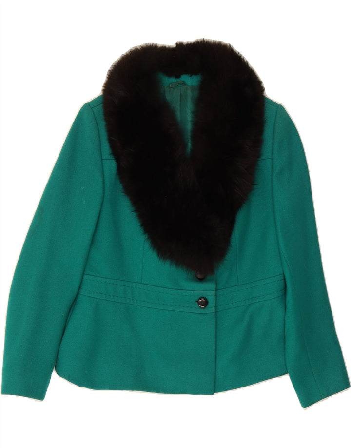 VINTAGE Womens 2 Button 3 Button Blazer Jacket UK 12 Medium Turquoise Wool Vintage Vintage and Second-Hand Vintage from Messina Hembry 