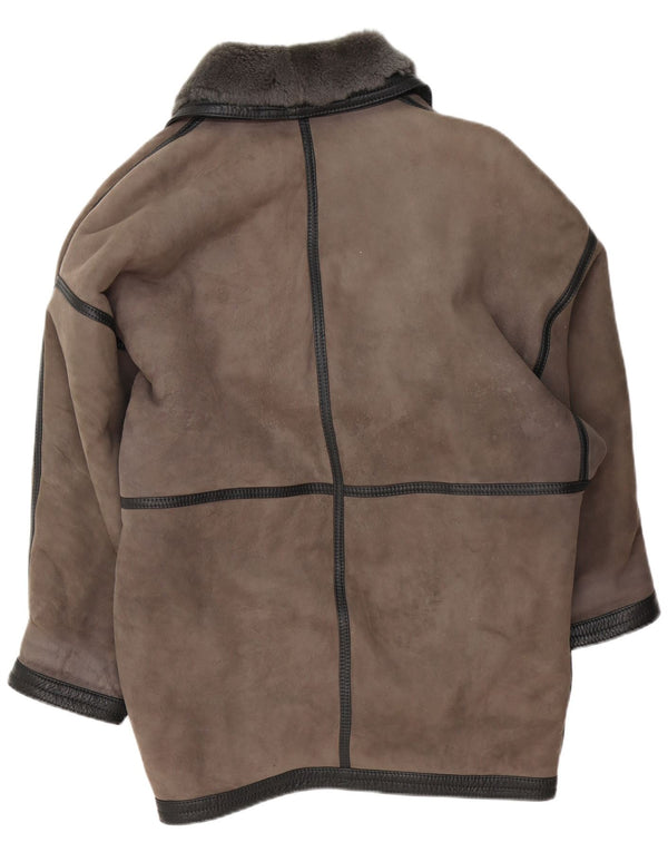 Cappotto in shearling oversize da donna vintage UK 20 2XL in pelle grigia