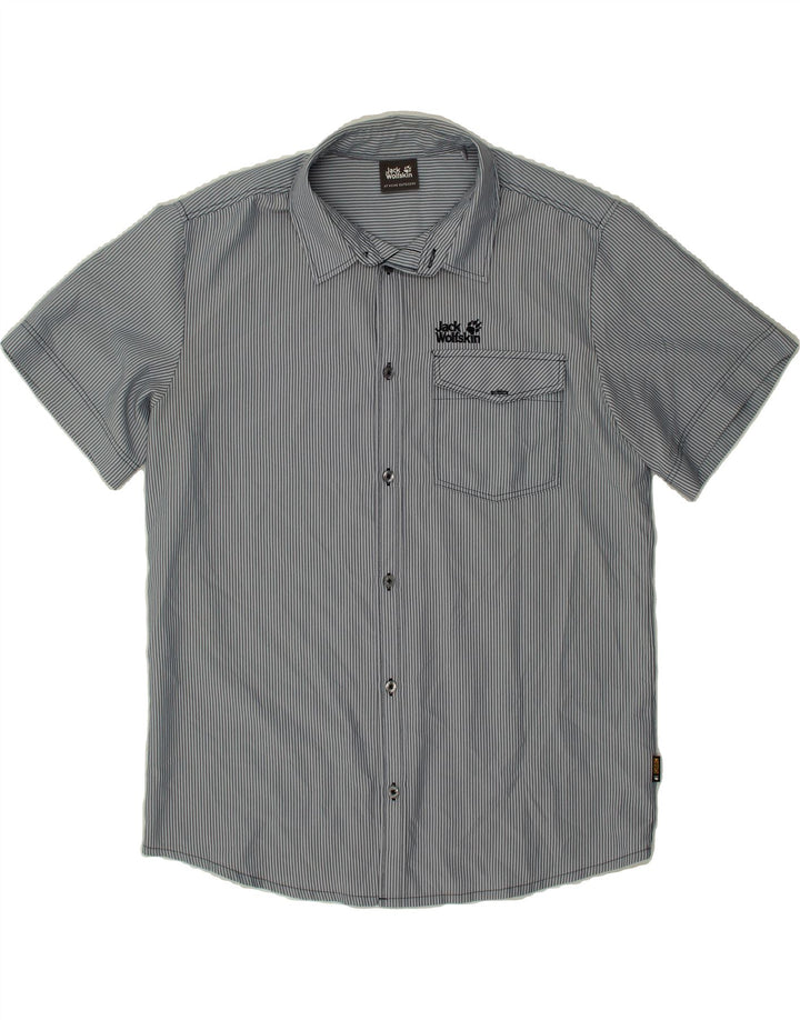 JACK WOLFSKIN Mens Short Sleeve Shirt Medium Navy Blue Striped Vintage Jack Wolfskin and Second-Hand Jack Wolfskin from Messina Hembry 