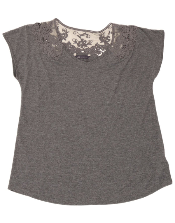 Marks & Spencer Damen-Blusenoberteil, UK-Größe 44, Größe L, grau, geblümt, Polyester