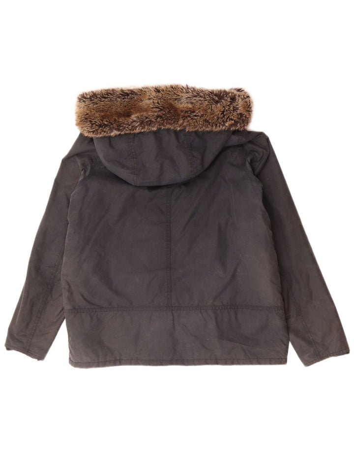 BARBOUR Womens Hooded Oversized Waxed Jacket UK 12 Medium Navy Blue Cotton