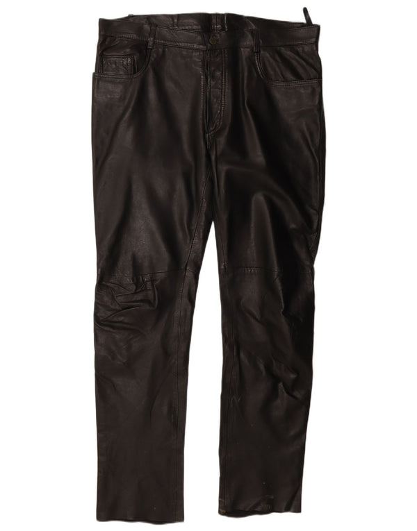 Vintage Mens Straight Leather Trousers IT 56 3XL W38 L33 Black Leather