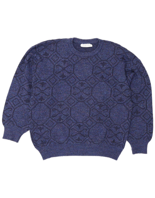 vintage Mens Crew Neck Jumper Pull XL Bleu Géométrique