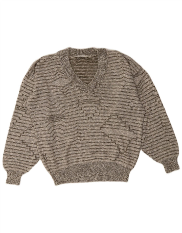 Maglione vintage da uomo con scollo a V grigio medio a righe