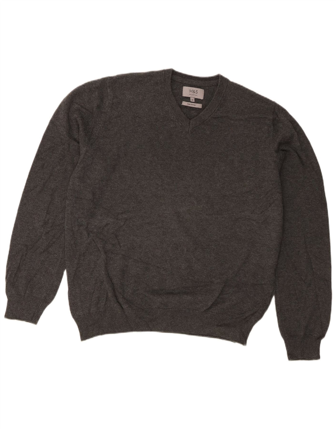 Marks & Spencer Mens V-Neck Jumper Sweater Medium Grey Cotton