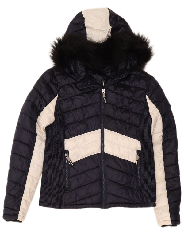 Superdry Veste matelassée à capuche pour femme UK 14 Large Bleu marine Colourblock